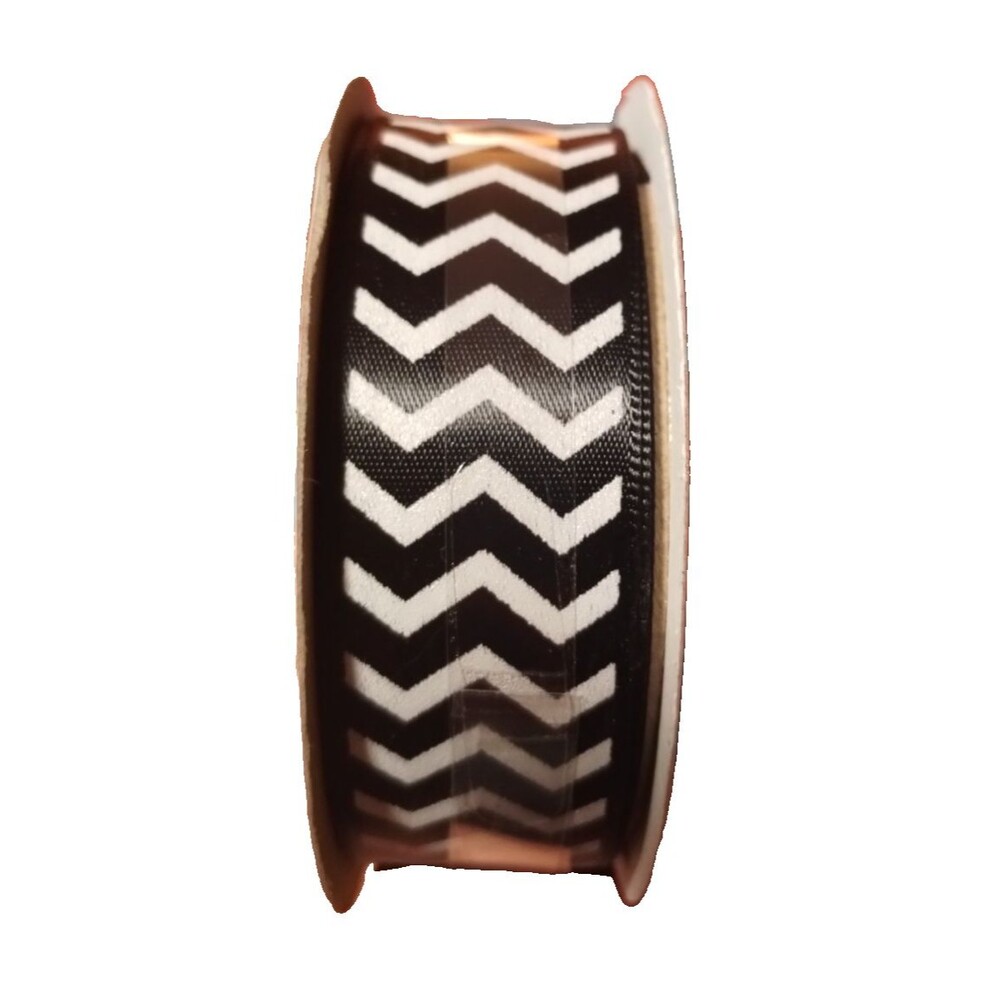 Berwick Offray Single Face Satin Ribbon, 7/8" x 9', Black White Chevron Zig Zag